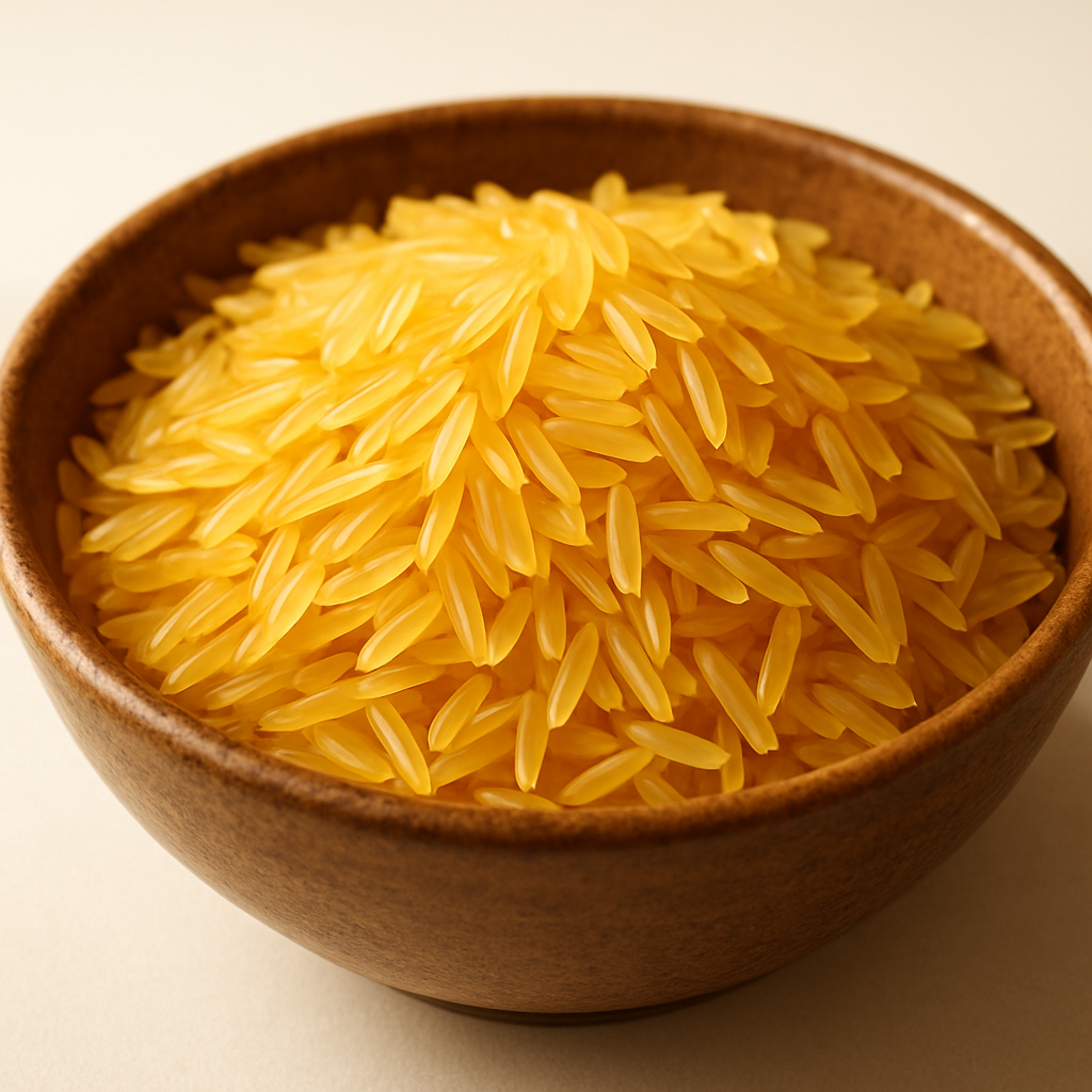 Golden amber parboiled sella basmati rice in a ceramic bowl